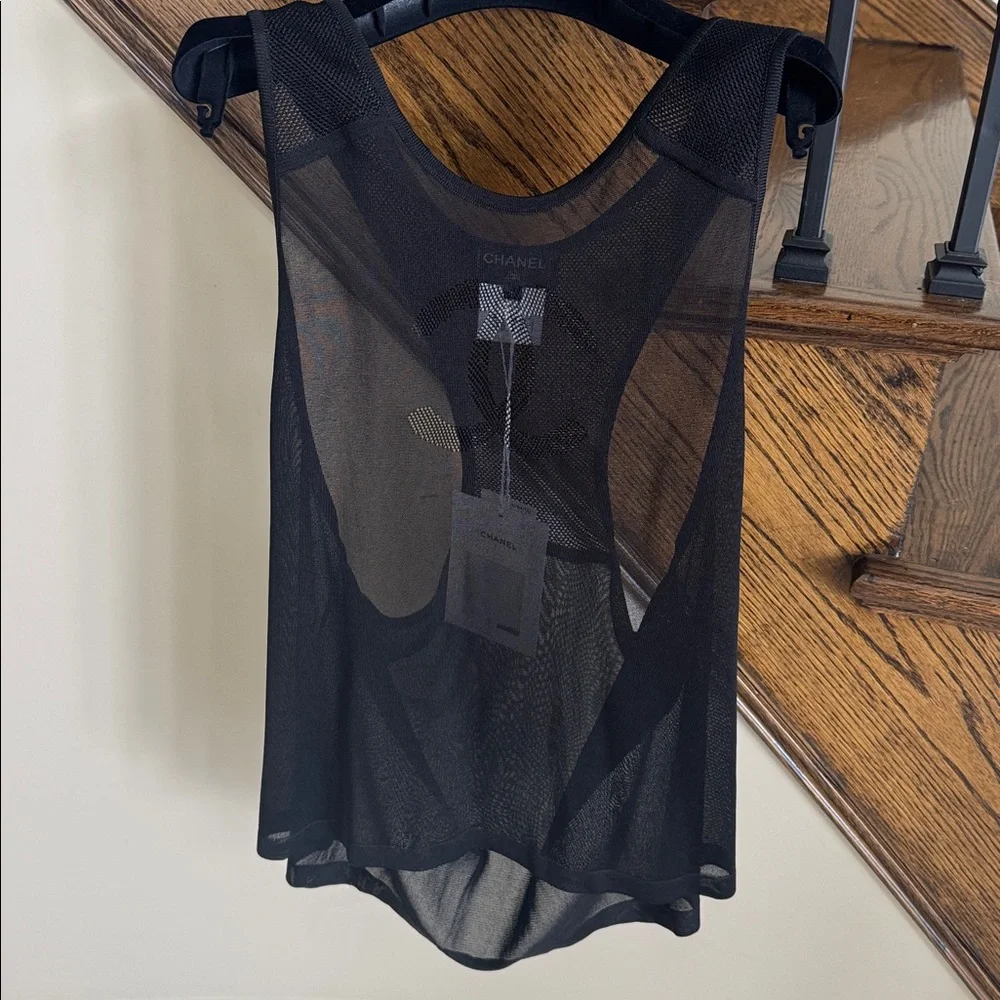 Chanel 19p black mesh tank top sheer top sz large L $1500